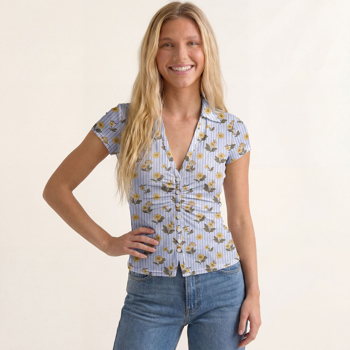 V-Neck Short Sleeve Blue Marigold Print Mesh Top