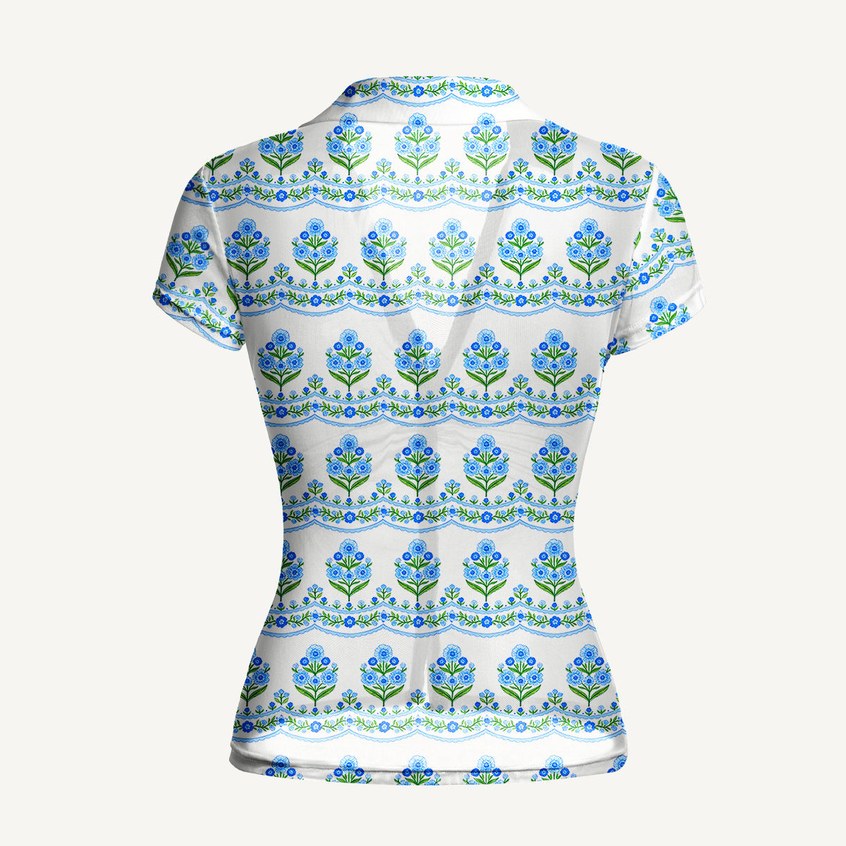 V-Neck Short Sleeve Azure Folk Print Mesh Top
