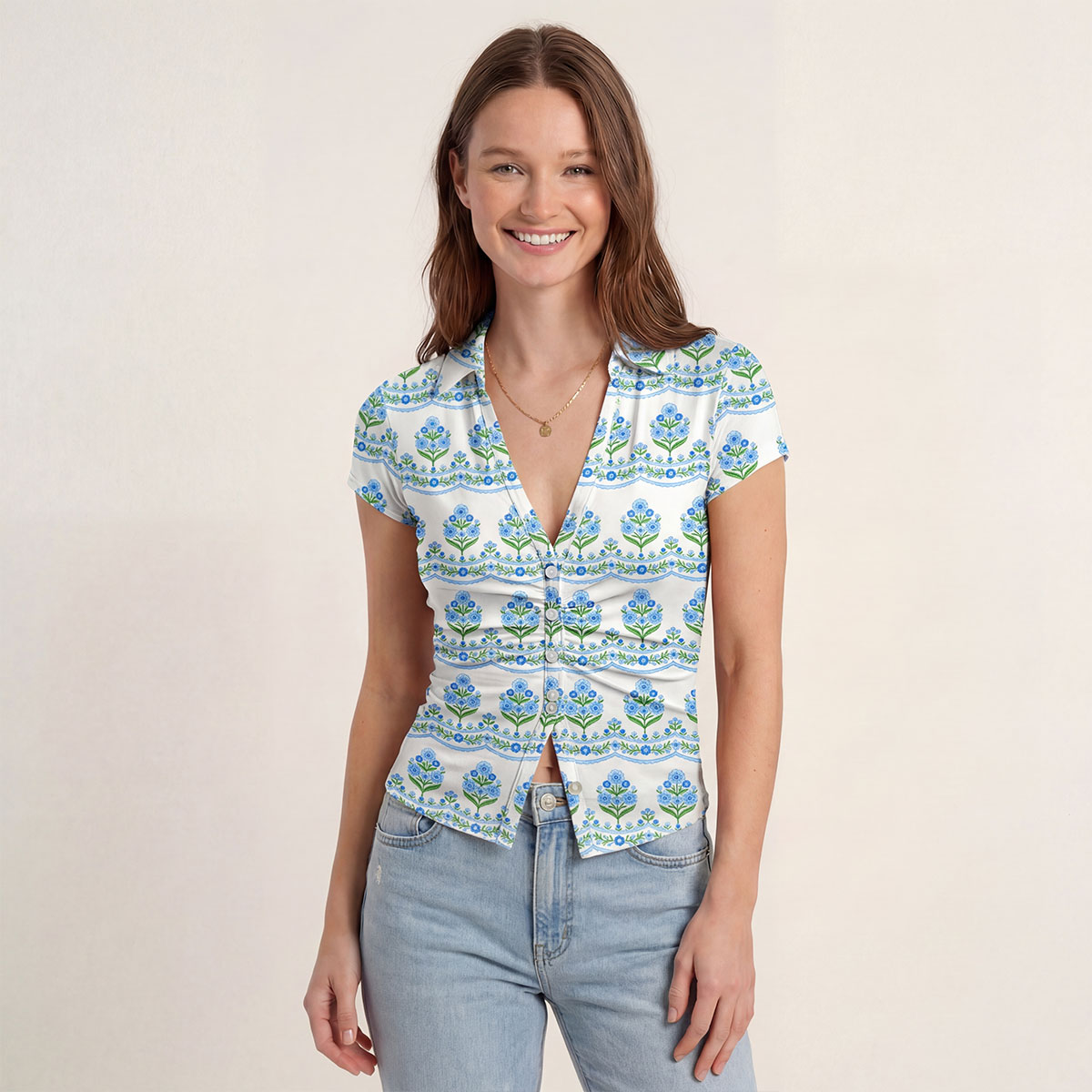 V-Neck Short Sleeve Azure Folk Print Mesh Top