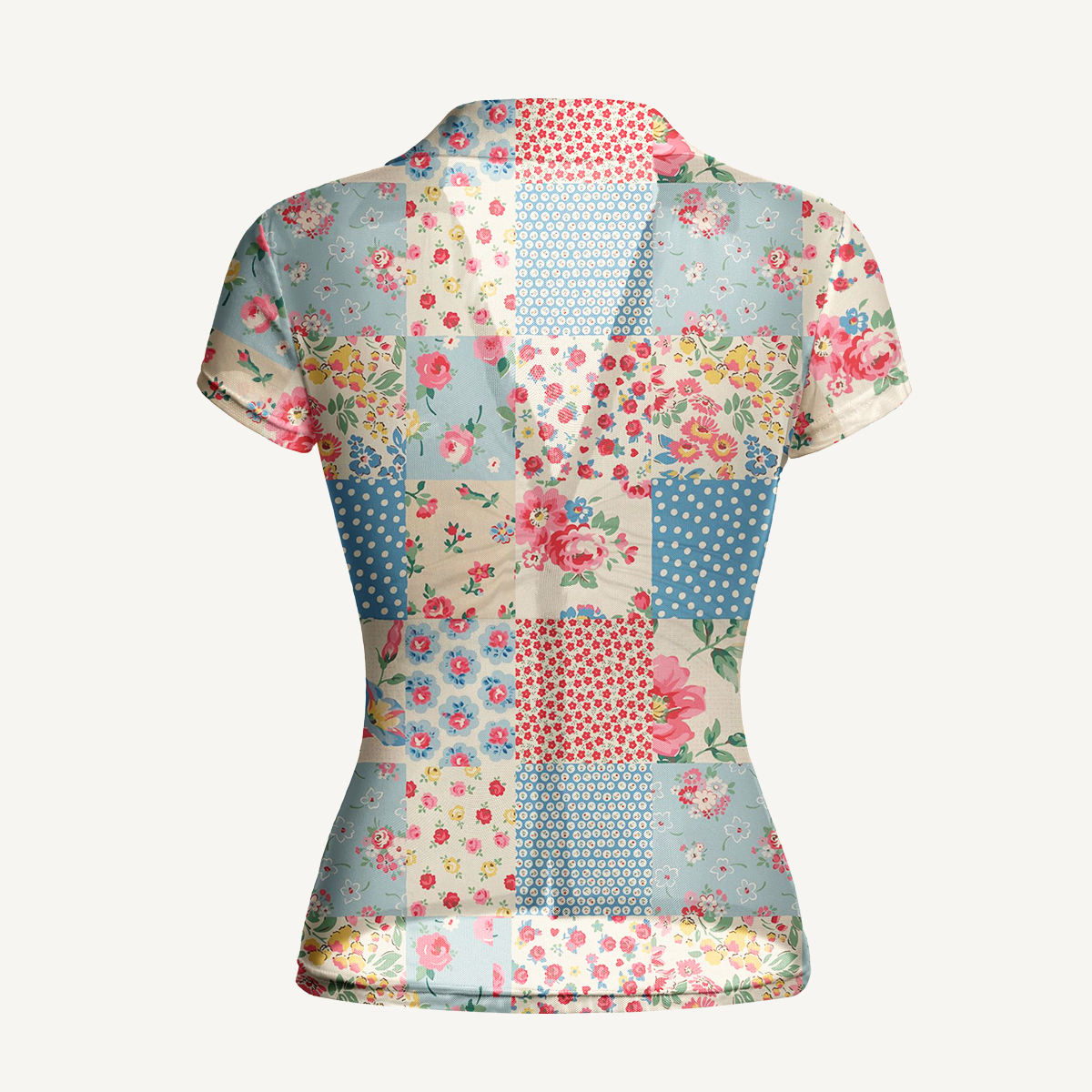 V-Neck Short Sleeve Pastel Patc Print Mesh Top