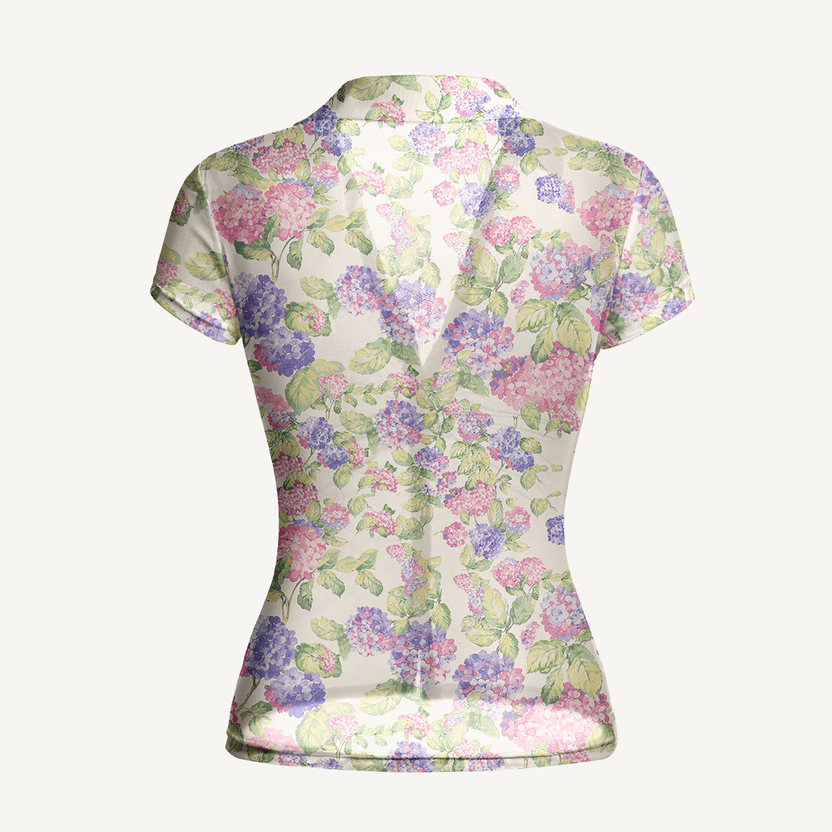 V-Neck Short Sleeve Lilac Hydrangea Print Mesh Top