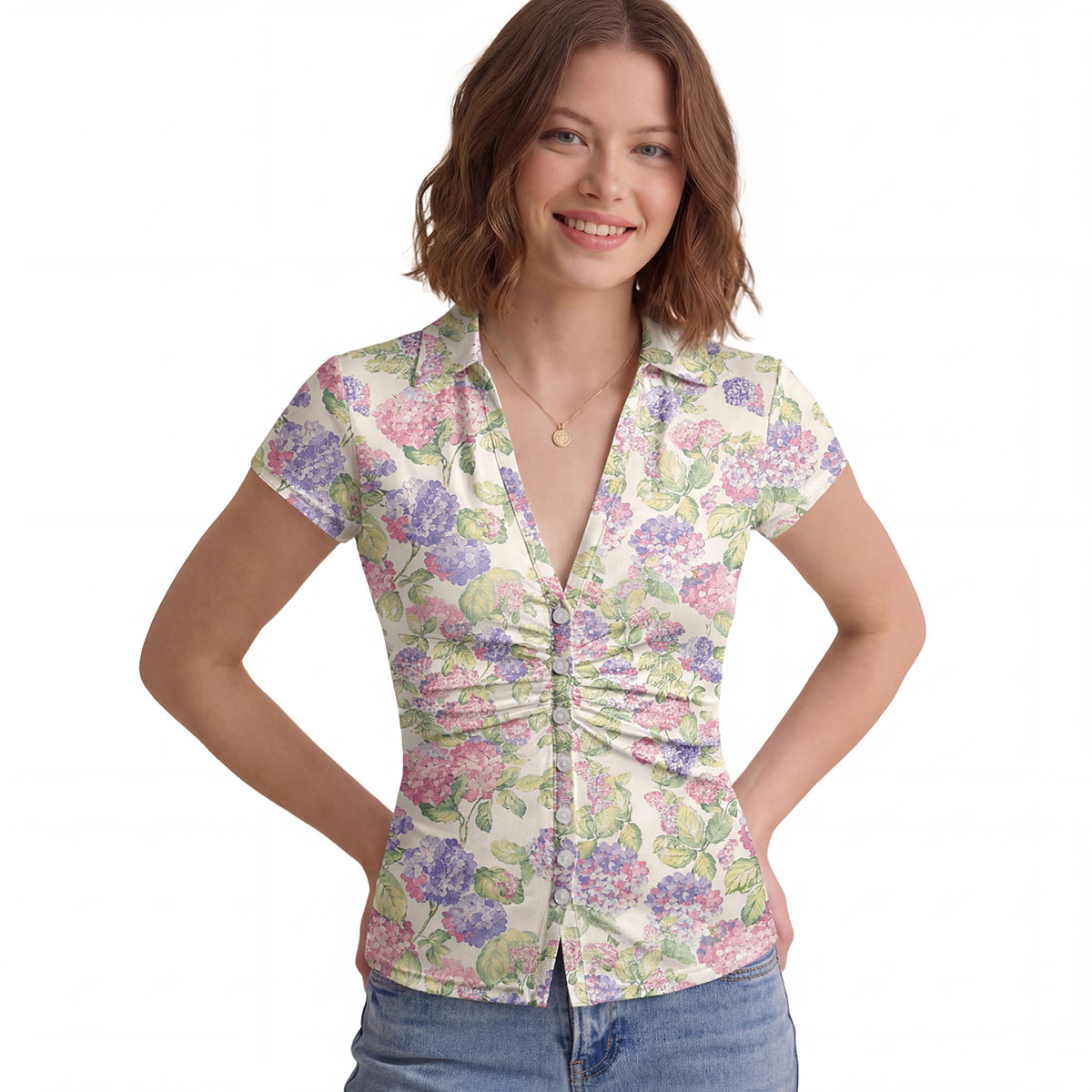 V-Neck Short Sleeve Lilac Hydrangea Print Mesh Top