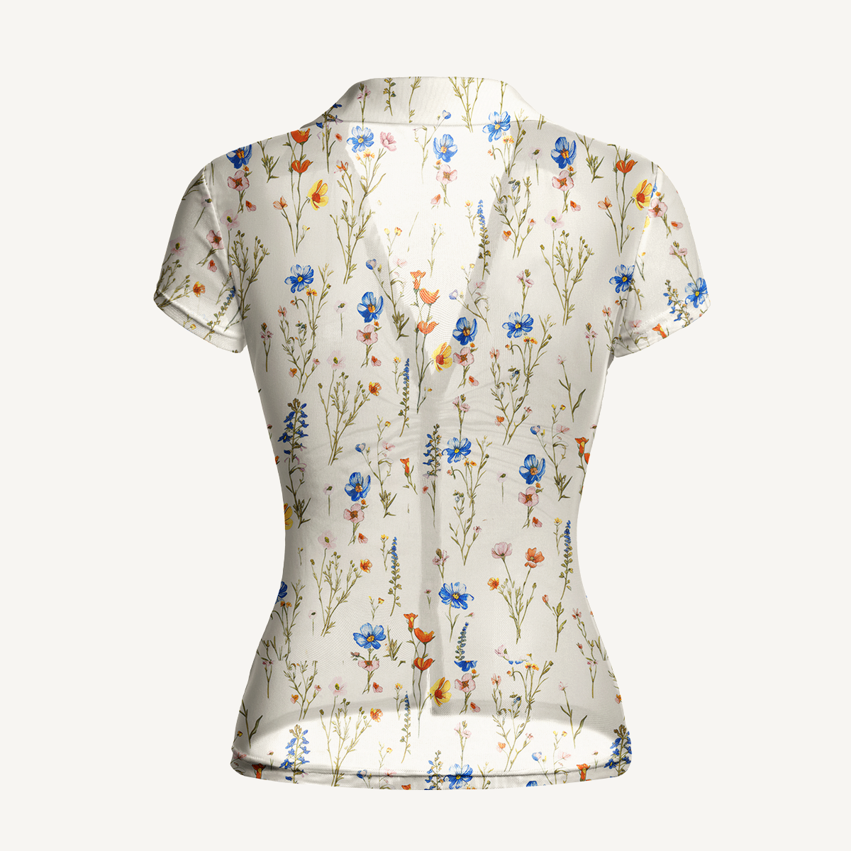 V-Neck Short Sleeve Wild Bloom Print Mesh Top