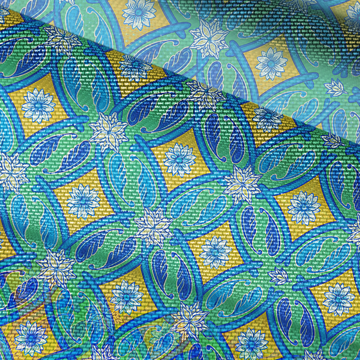 V-Neck Short Sleeve Azure Tile Print Mesh Top