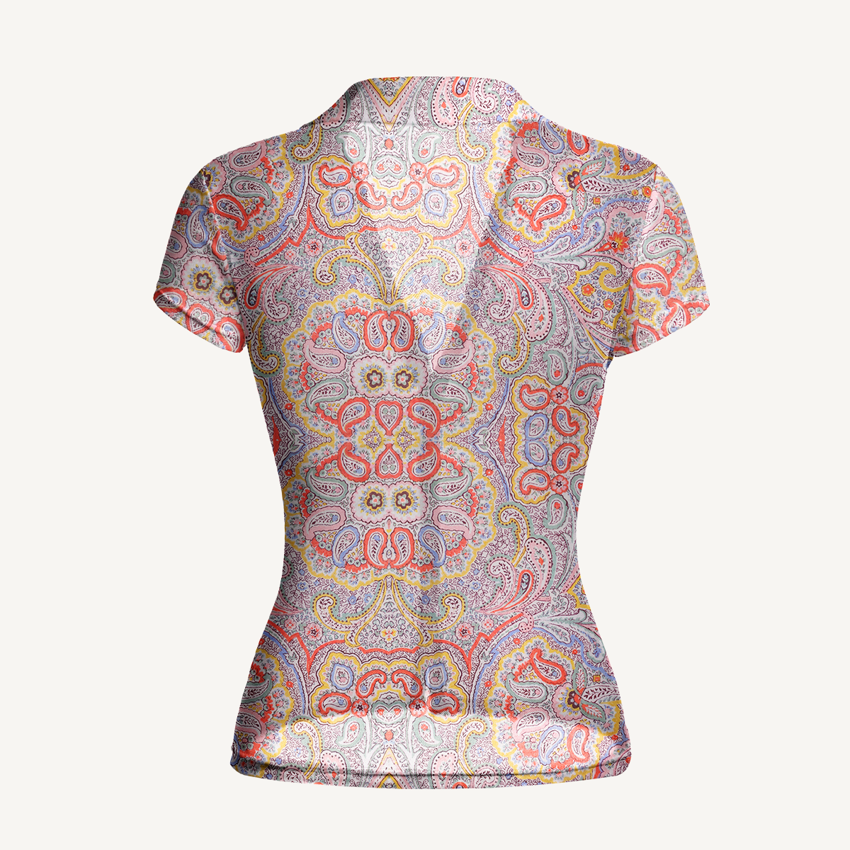 V-Neck Short Sleeve Sunrise Paisley Print Mesh Top