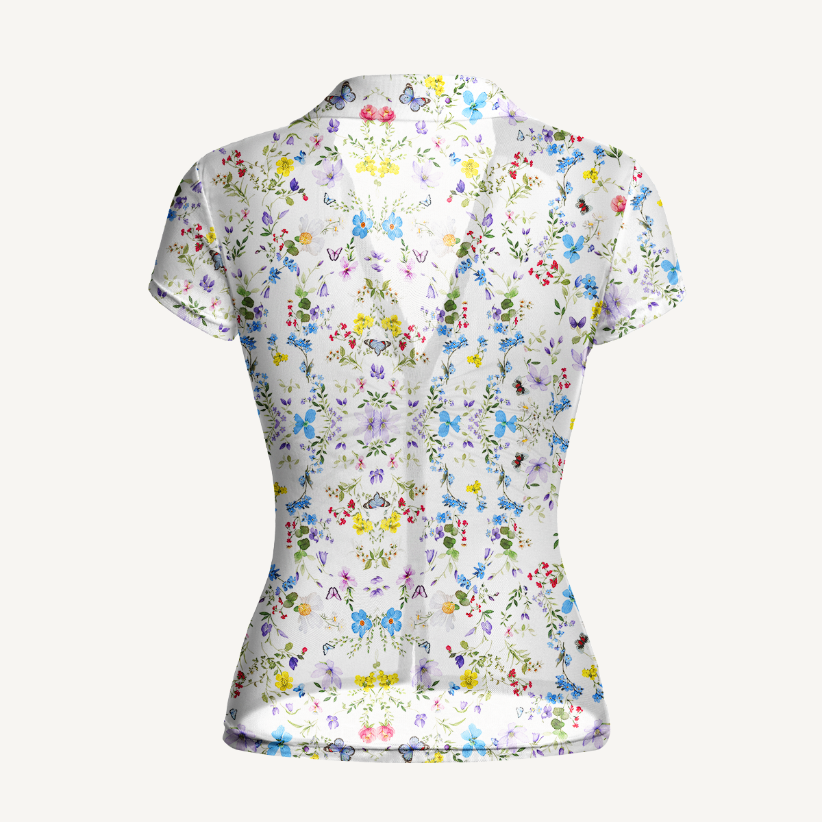 V-Neck Short Sleeve Butterfly Trail Print Mesh Top