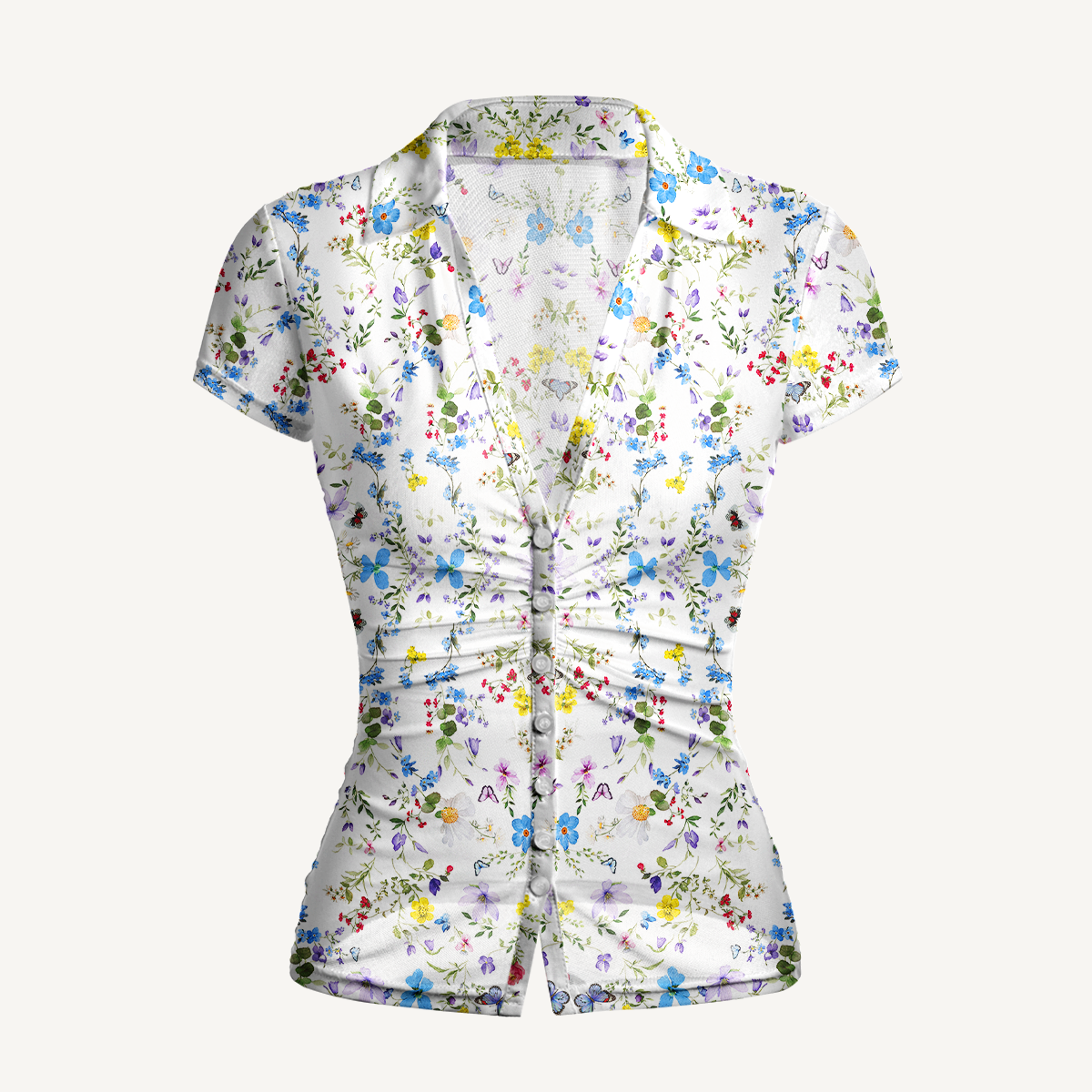 V-Neck Short Sleeve Butterfly Trail Print Mesh Top