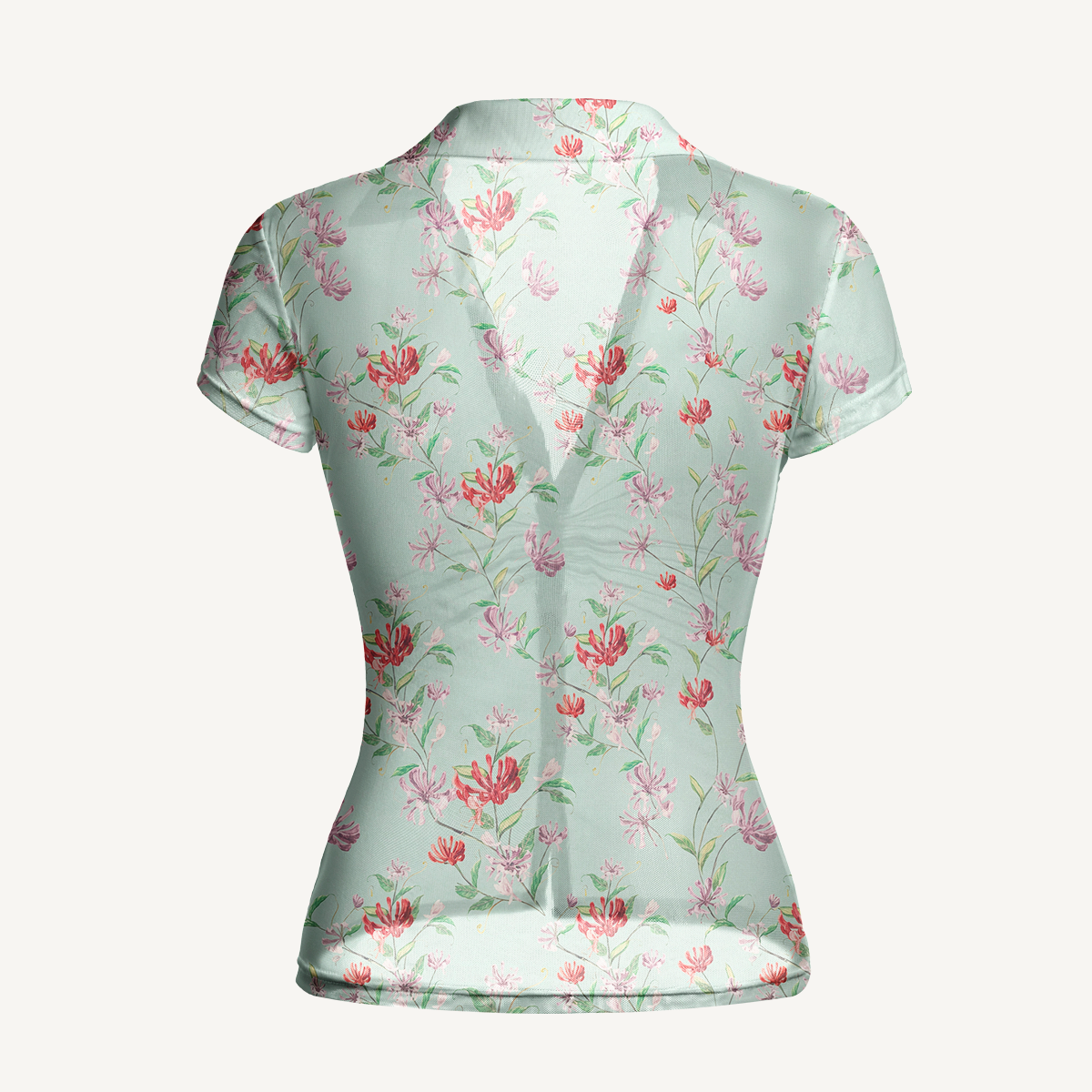 V-Neck Short Sleeve Mint Honeysuckle Print Mesh Top