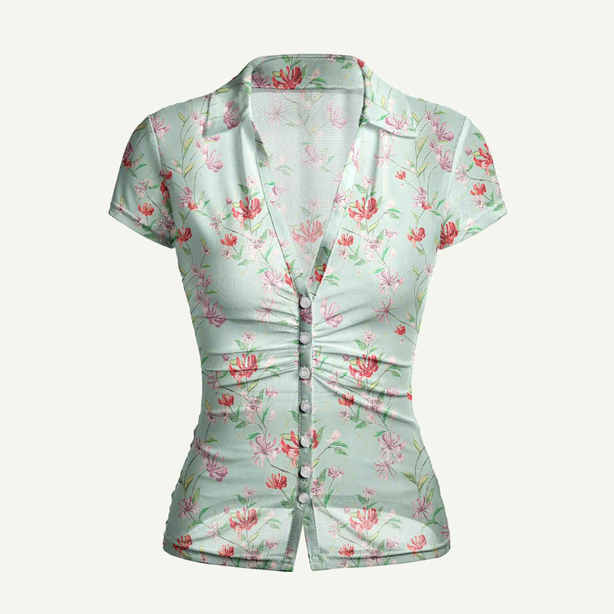V-Neck Short Sleeve Mint Honeysuckle Print Mesh Top
