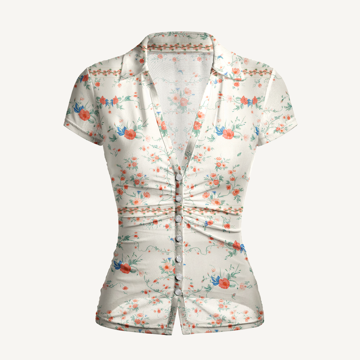 V-Neck Short Sleeve Wild Bloom Print Mesh Top