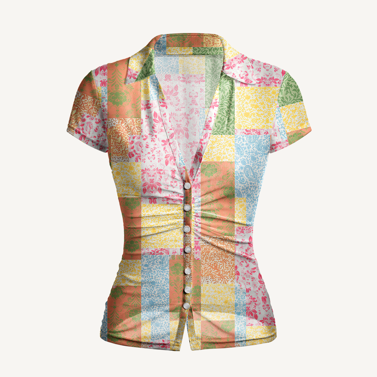 V-Neck Short Sleeve Morning Patch Print Mesh Top