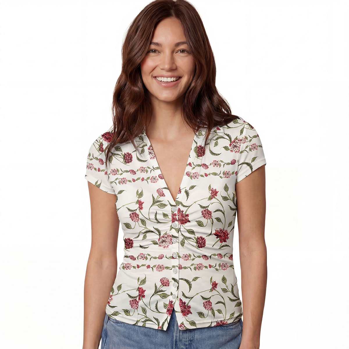 V-Neck Short Sleeve Red Floral Print Mesh Top