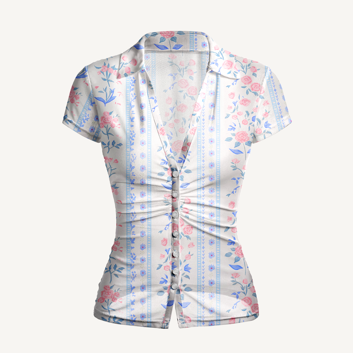 V-Neck Short Sleeve Blue Rose Print Mesh Top