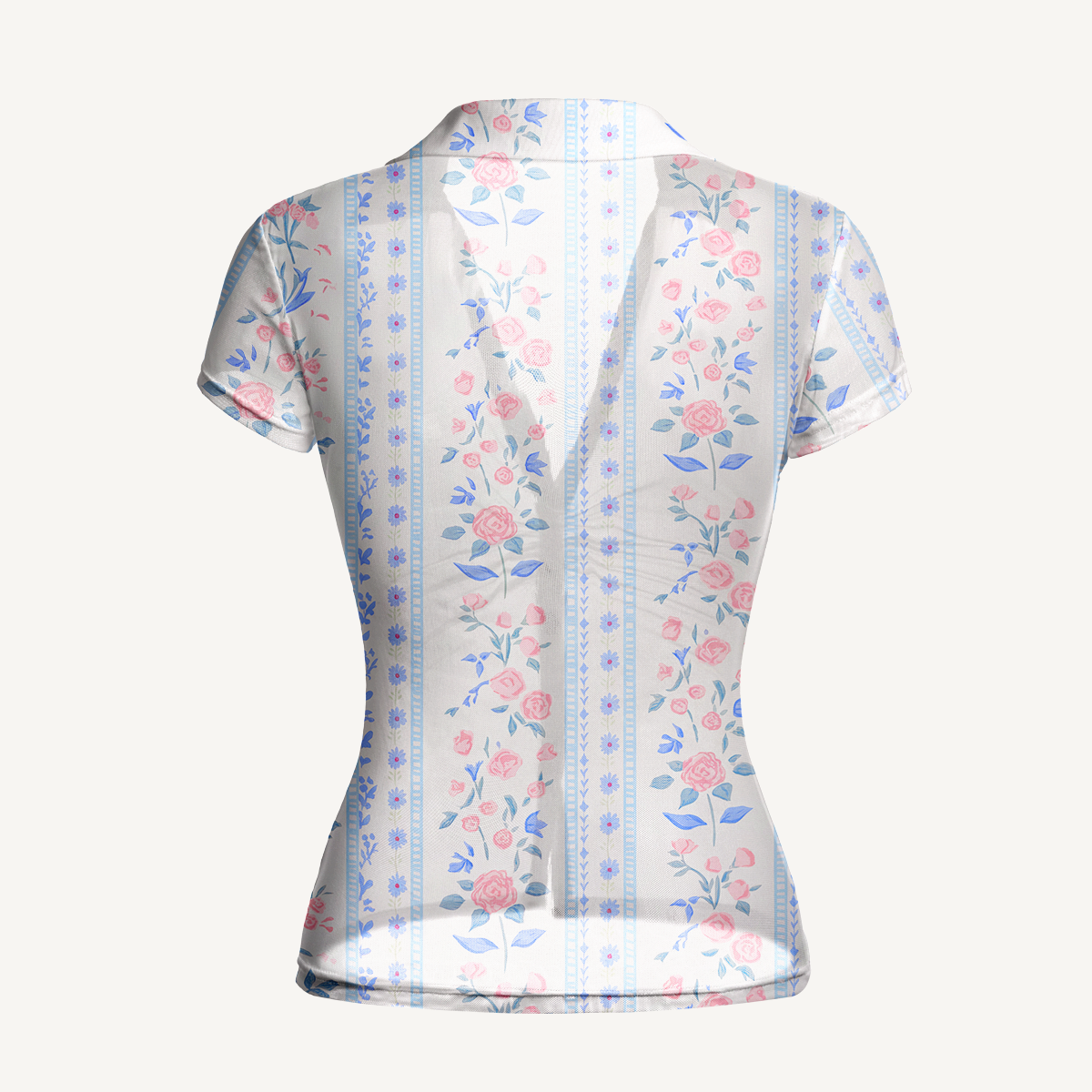 V-Neck Short Sleeve Blue Rose Print Mesh Top
