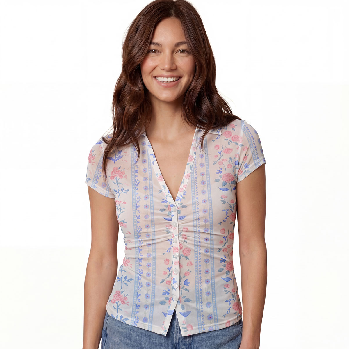 V-Neck Short Sleeve Blue Rose Print Mesh Top