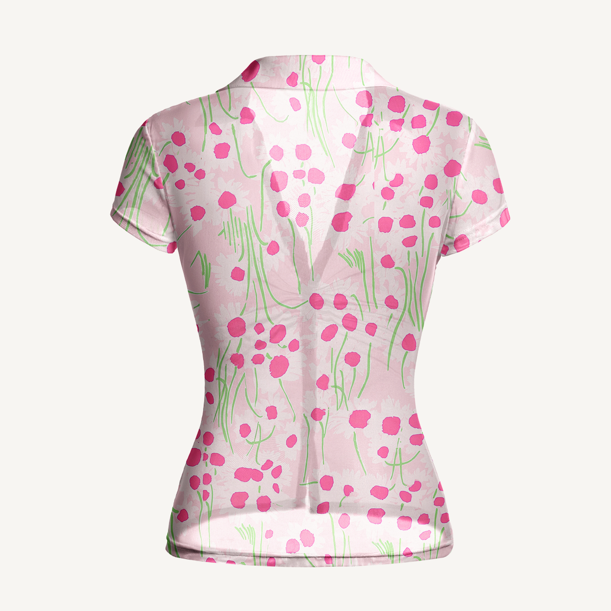 V-Neck Short Sleeve Pink Daisy Print Mesh Top