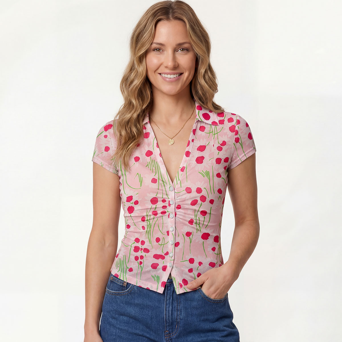 V-Neck Short Sleeve Pink Daisy Print Mesh Top