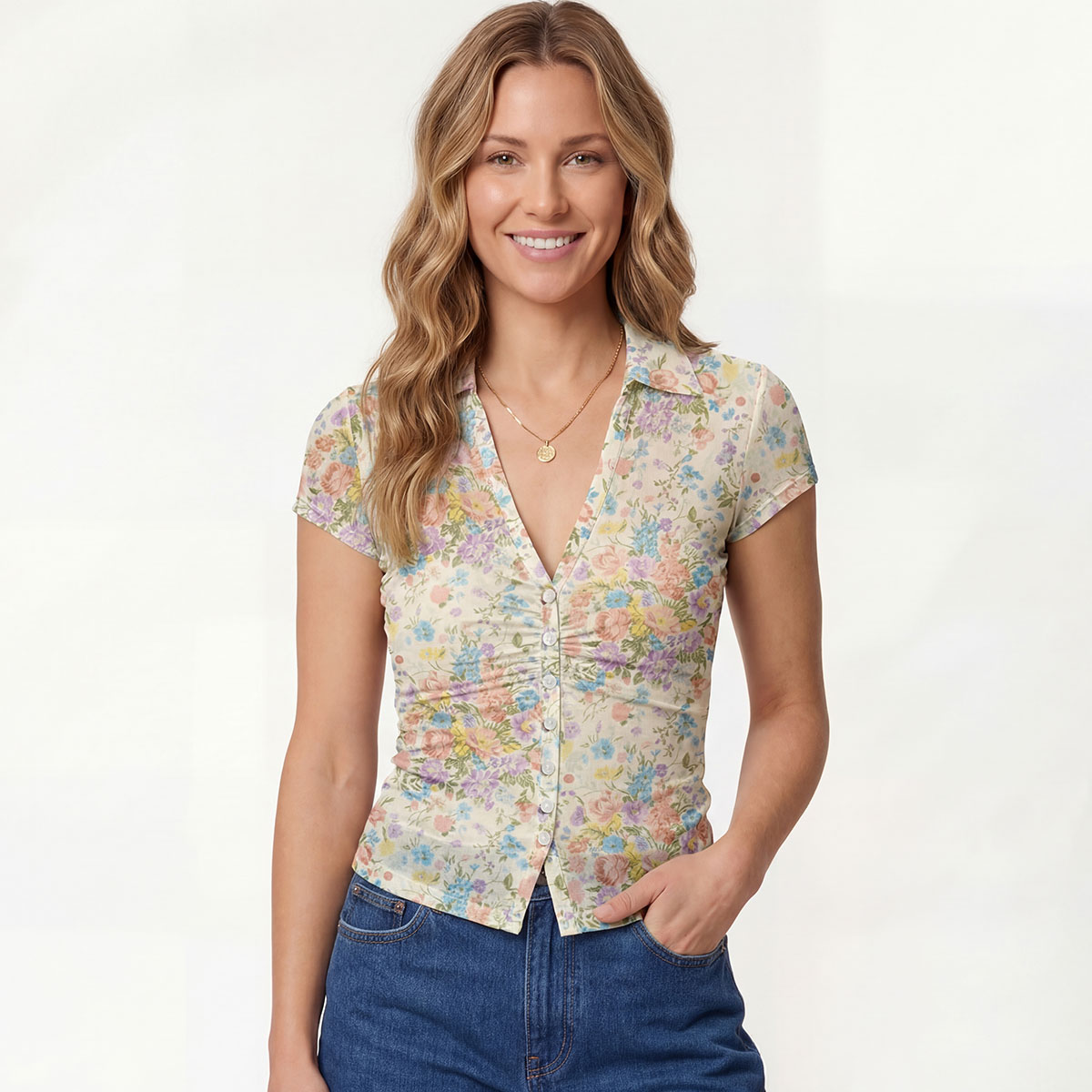 V-Neck Short Sleeve Morning Dew Bouquet Print Mesh Top