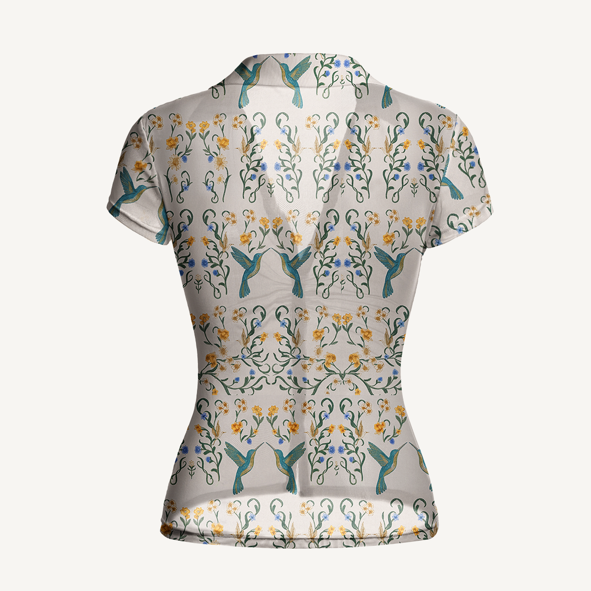 V-Neck Short Sleeve Whispering Hummingbird Print Mesh Top