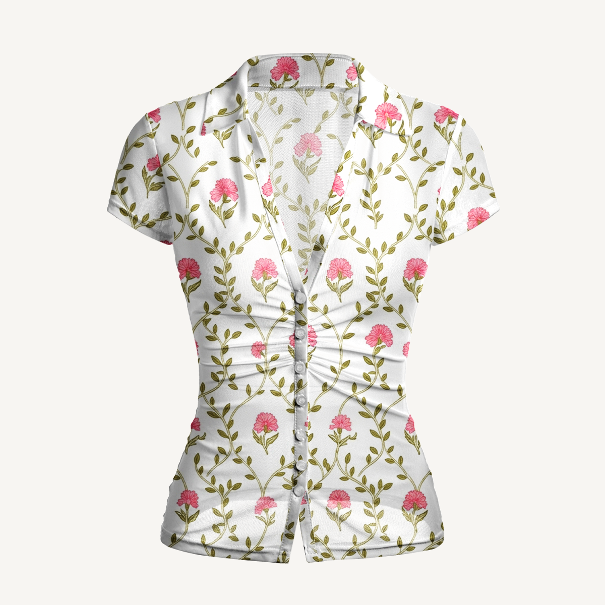 V-Neck Short Sleeve Clover Vine Whisper Print Mesh Top