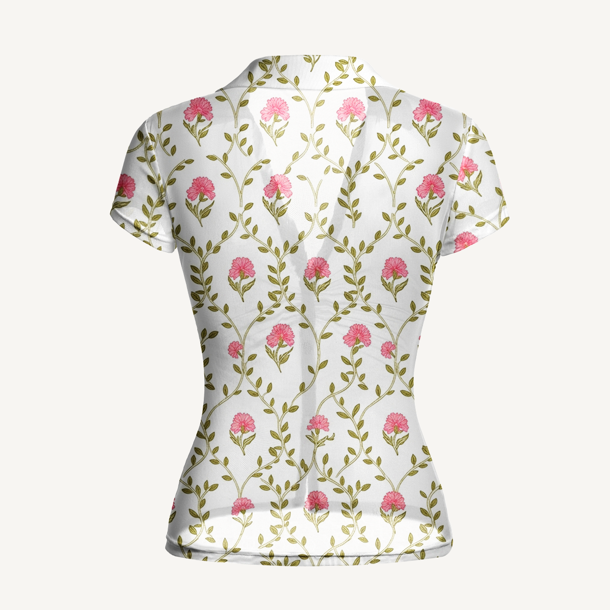 V-Neck Short Sleeve Clover Vine Whisper Print Mesh Top