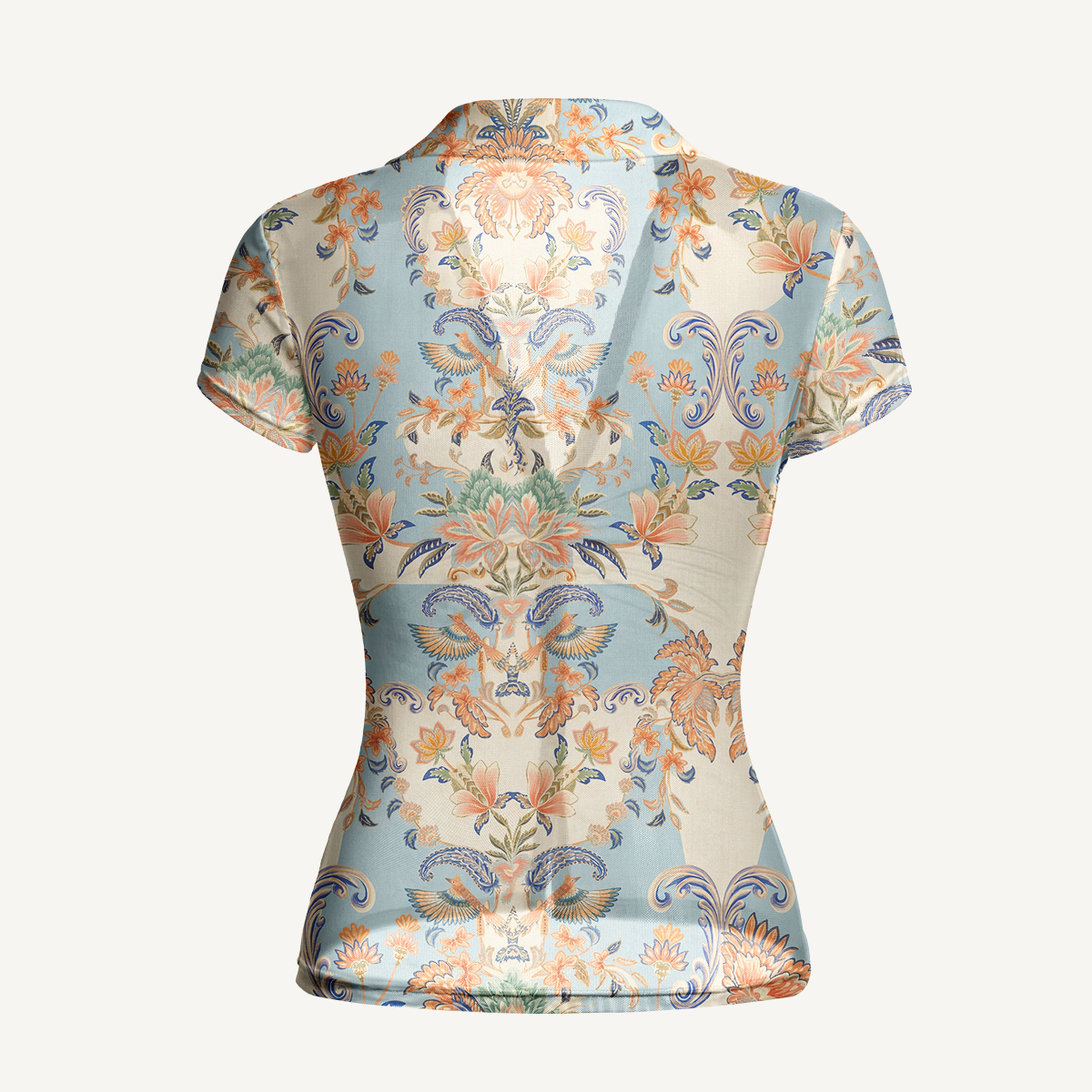 V-Neck Short Sleeve Azure Lily Palace Print Mesh Top