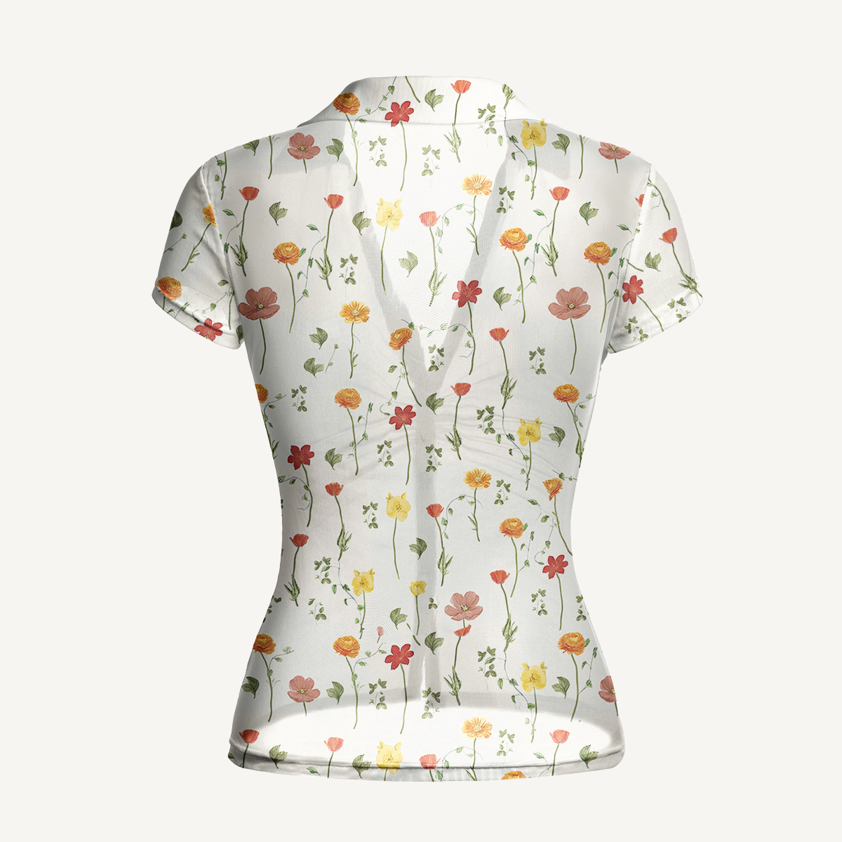 V-Neck Short Sleeve Wildlight Meadow Print Mesh Top