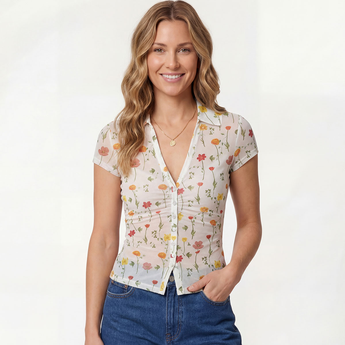 V-Neck Short Sleeve Wildlight Meadow Print Mesh Top