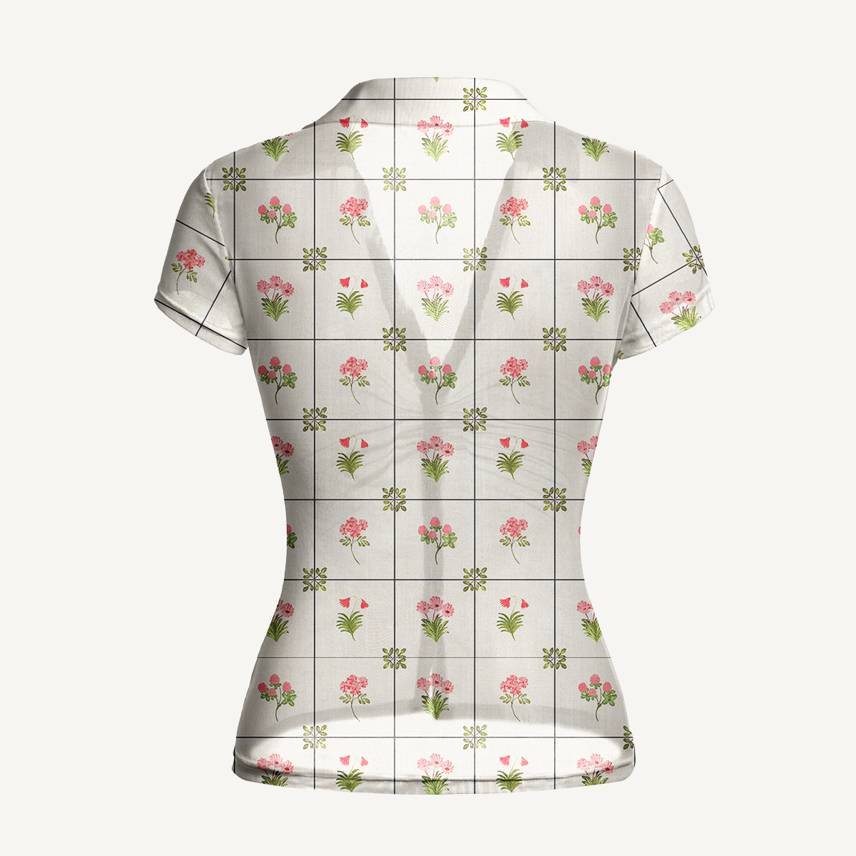 V-Neck Short Sleeve Meadow Tile Bloom Print Mesh Top