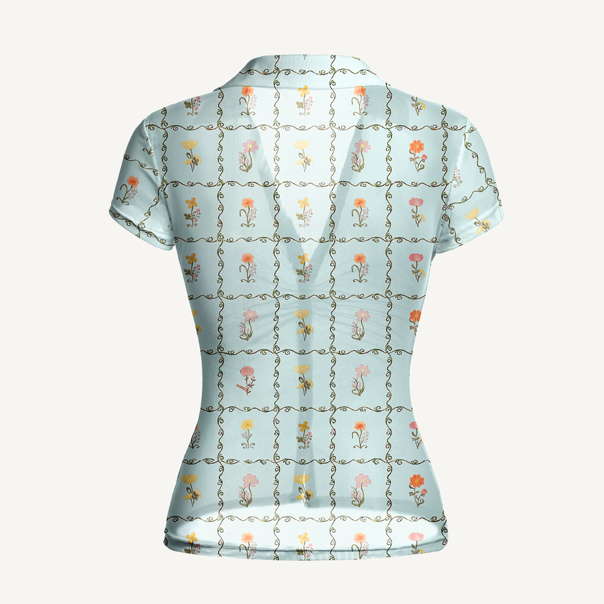 V-Neck Short Sleeve Sunny Garden Tiles Print Mesh Top