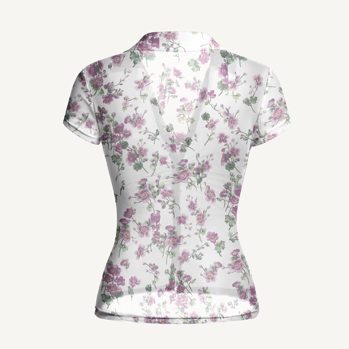 V-Neck Short Sleeve Lavender Field Whisper Print Mesh Top