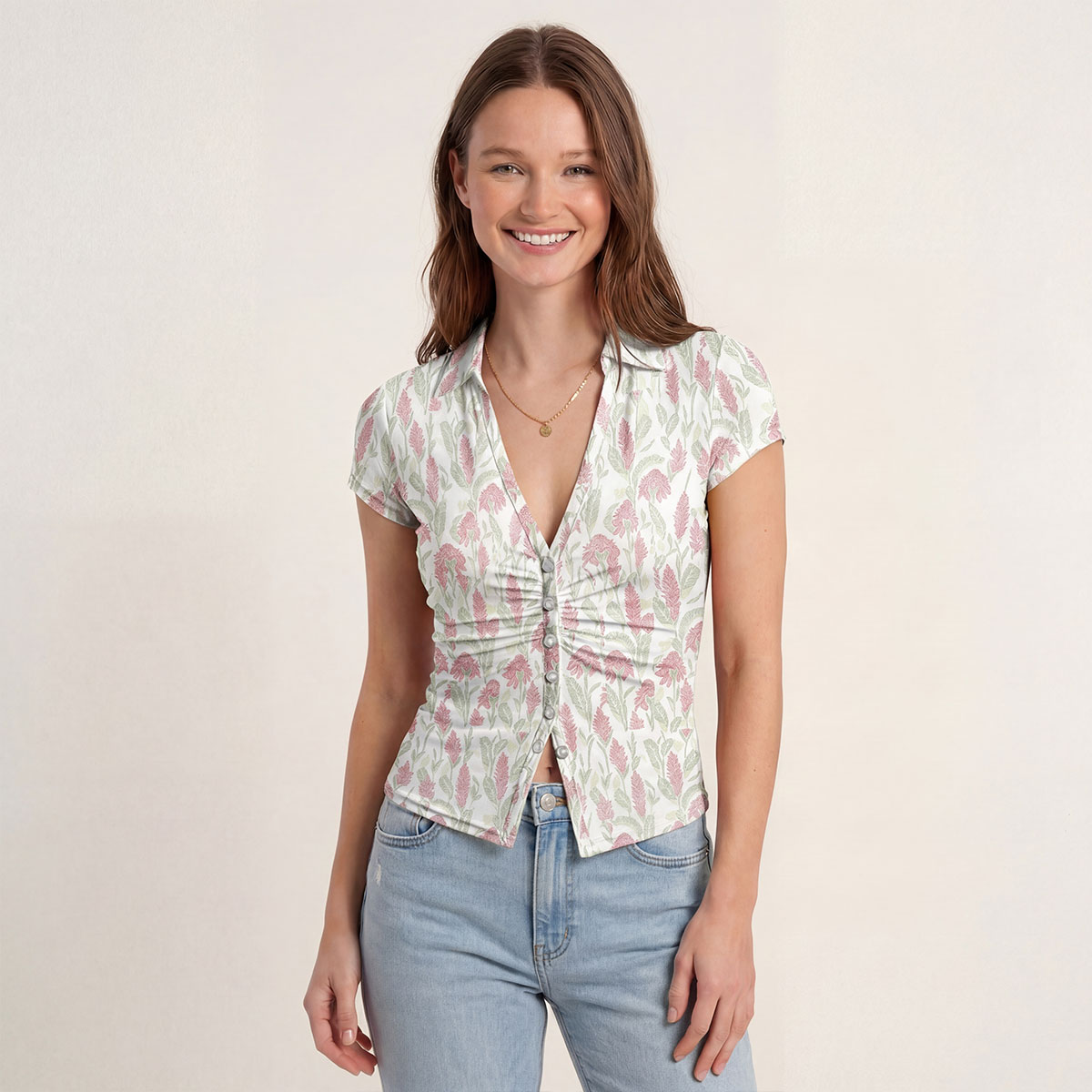 V-Neck Short Sleeve Wild Feather Whisper Print Mesh Top