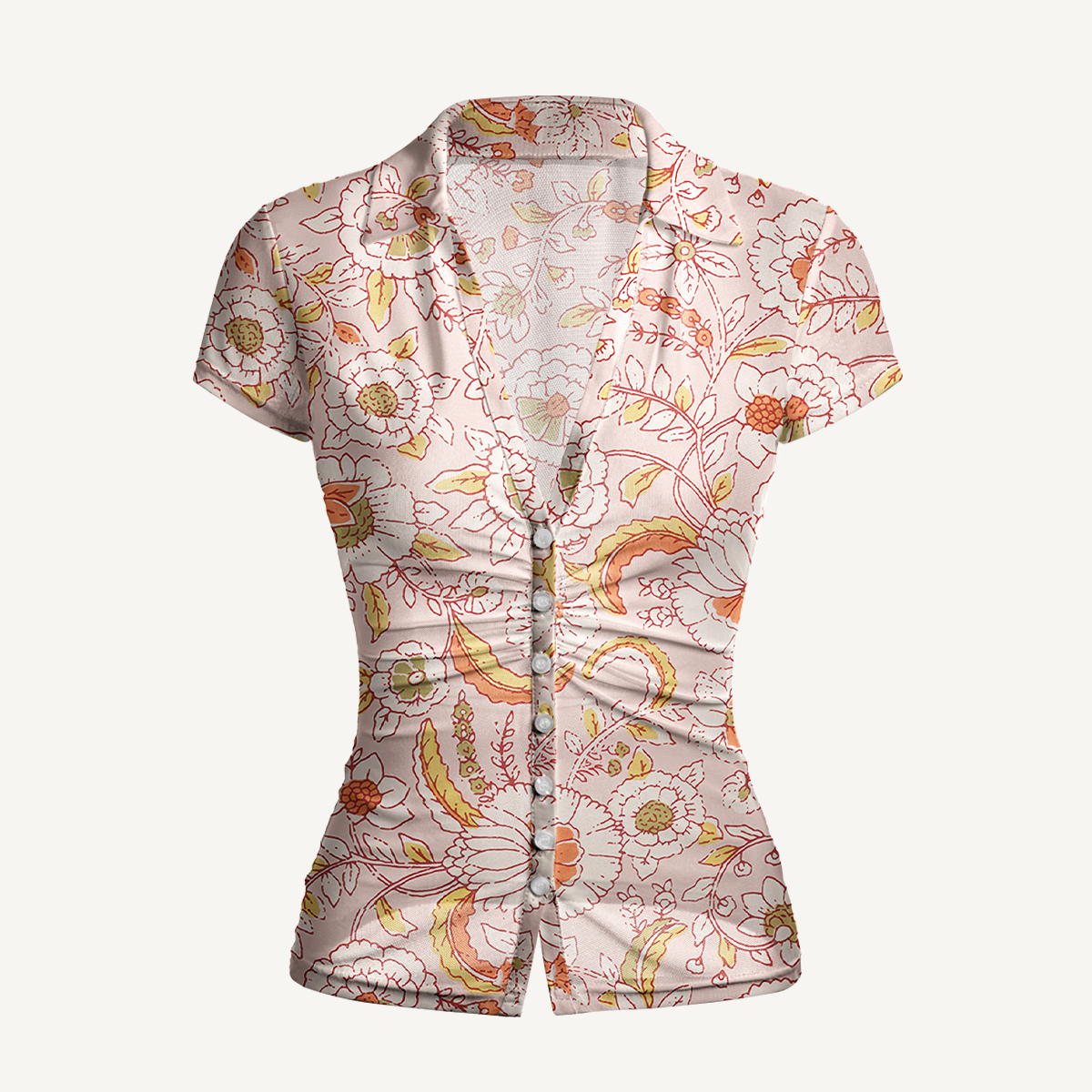 V-Neck Short Sleeve Dusty Bloom Whisper Print Mesh Top