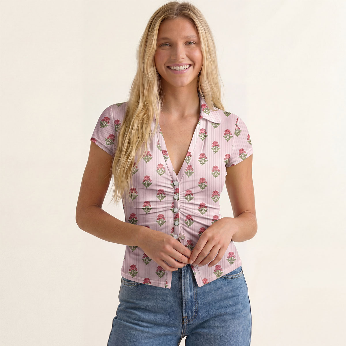 V-Neck Short Sleeve Misty Rose Garden Print Mesh Top