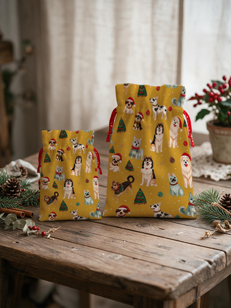 Christmas Puppies Holiday  Reusable Christmas Drawstring Gift Bag