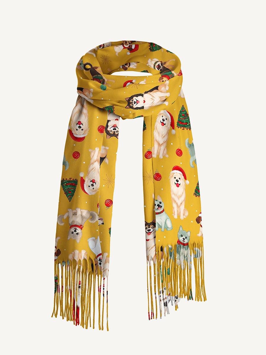 Christmas Puppies Holiday Print Cozy Fringed Scarf