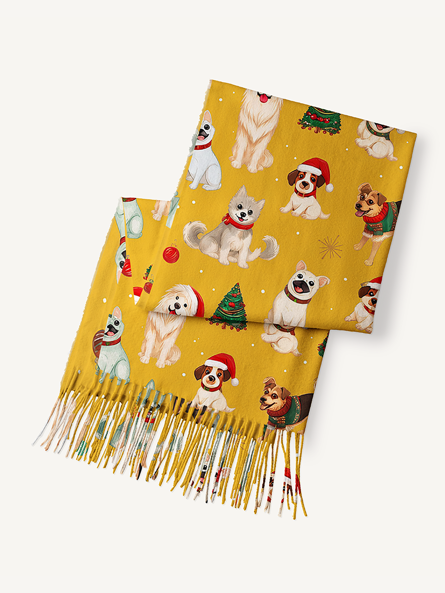 Christmas Puppies Holiday Print Cozy Fringed Scarf