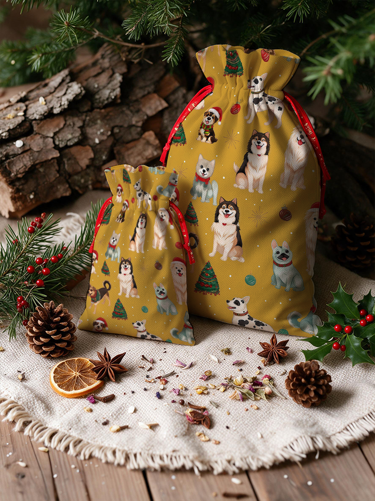 Christmas Puppies Holiday  Reusable Christmas Drawstring Gift Bag