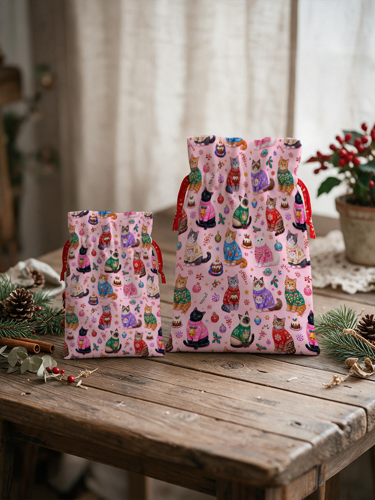 Christmas Sweater Cats Holiday Reusable Christmas Drawstring Gift Bag