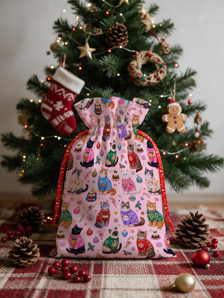 Christmas Sweater Cats Holiday Reusable Christmas Drawstring Gift Bag