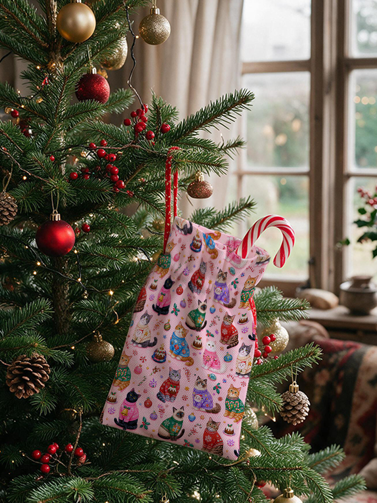 Christmas Sweater Cats Holiday Reusable Christmas Drawstring Gift Bag