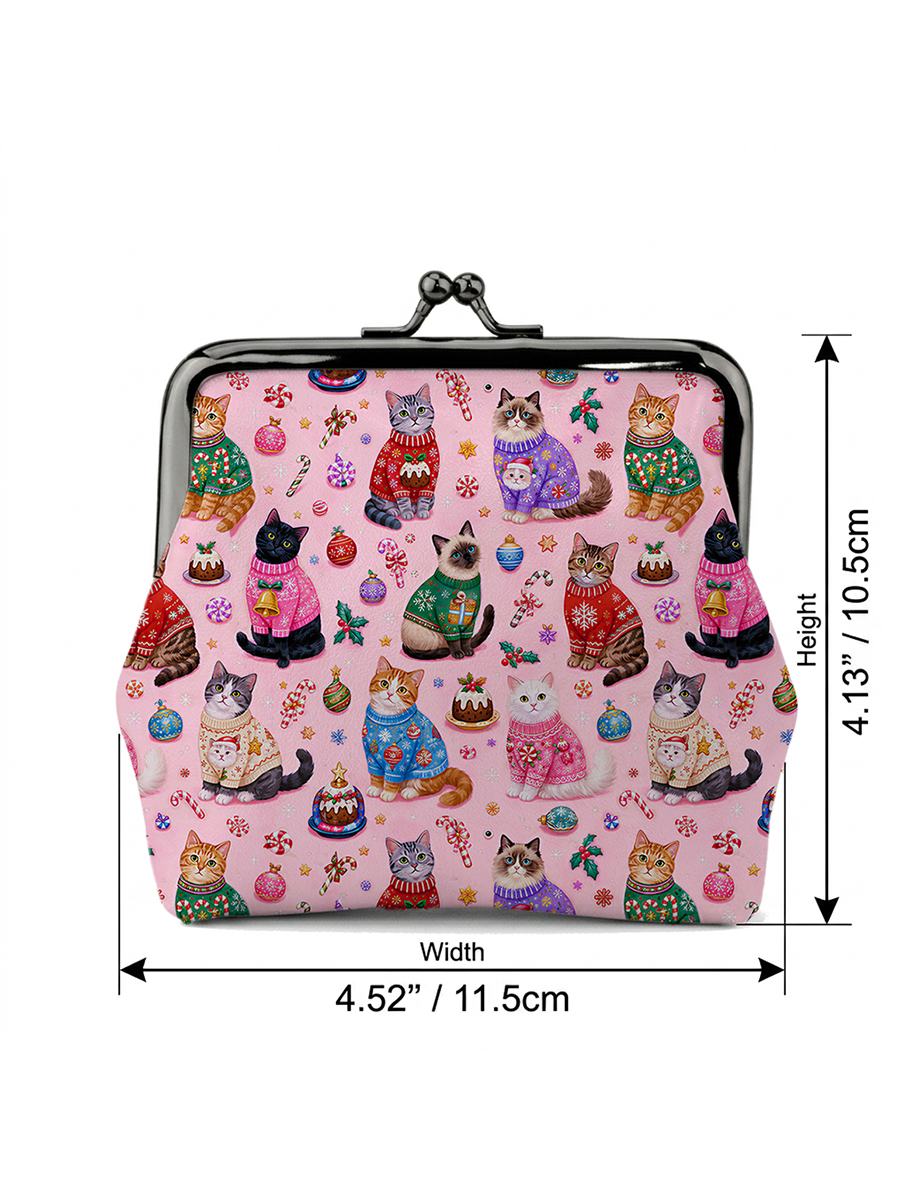 Christmas Cats Holiday Print Leather Mini Clasp Purse