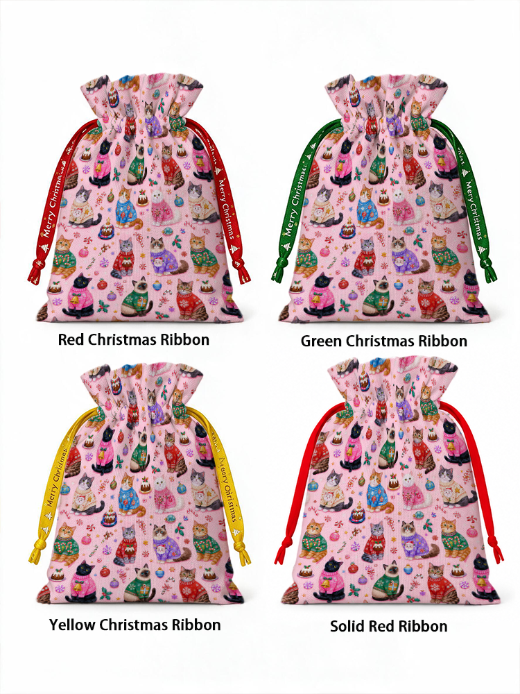 Christmas Sweater Cats Holiday Reusable Christmas Drawstring Gift Bag