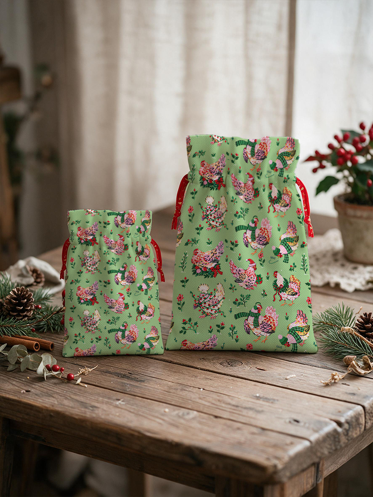 Christmas Chickens Holiday Garden Reusable Drawstring Gift Bag