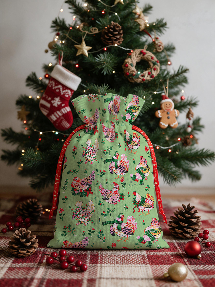 Christmas Chickens Holiday Garden Reusable Drawstring Gift Bag