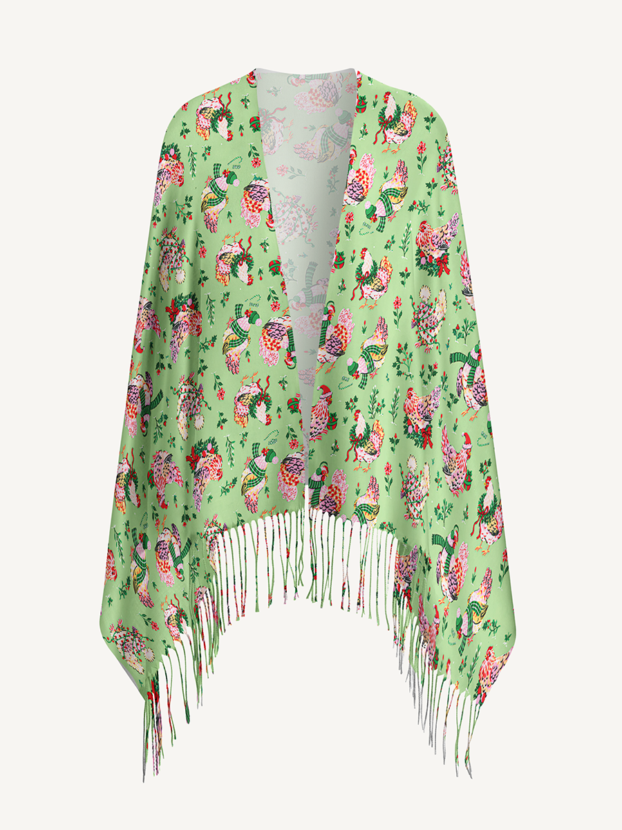 Christmas Chickens Holiday Garden Print Cozy Fringed Scarf