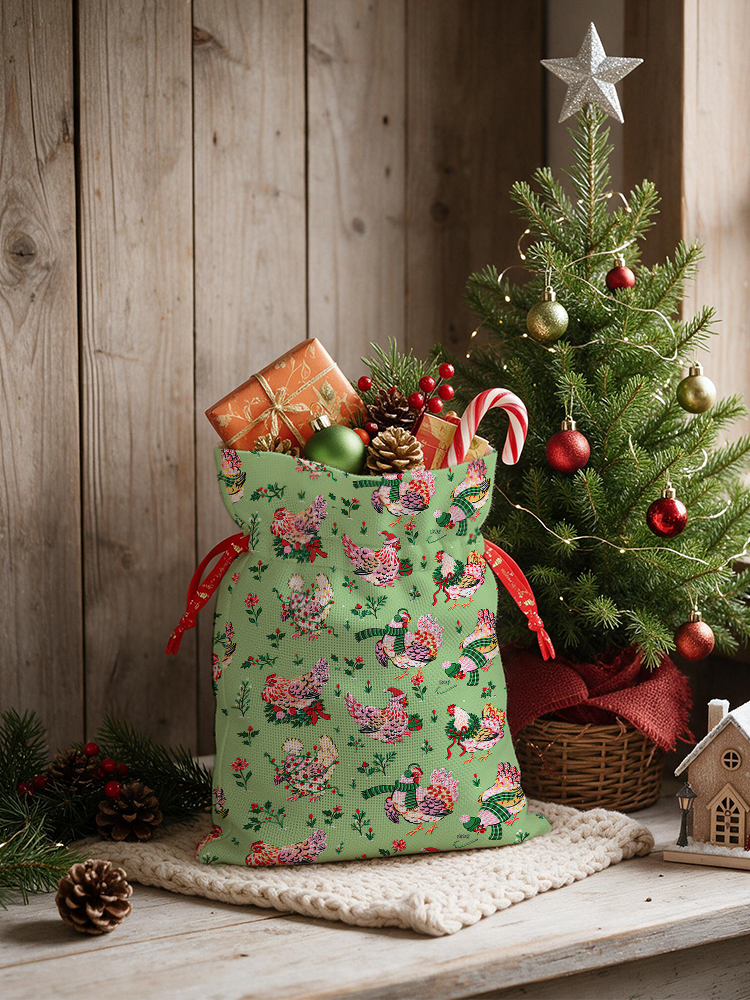 Christmas Chickens Holiday Garden Reusable Drawstring Gift Bag