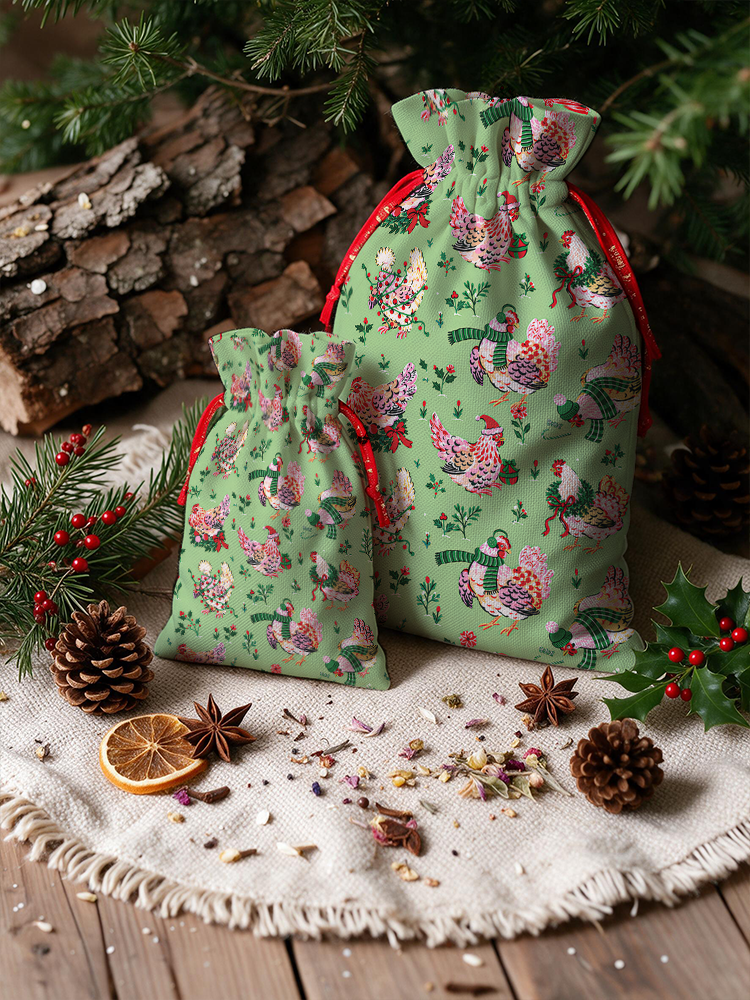 Christmas Chickens Holiday Garden Reusable Drawstring Gift Bag