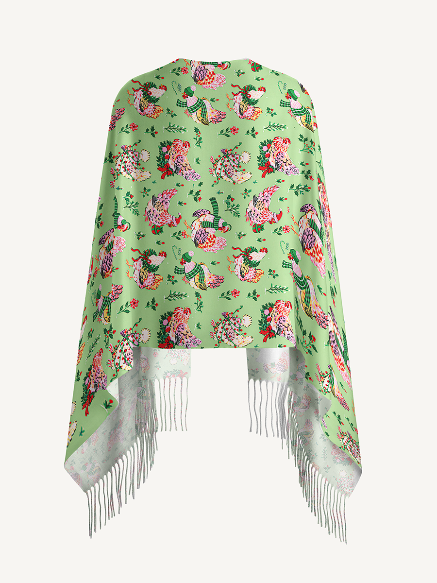 Christmas Chickens Holiday Garden Print Cozy Fringed Scarf