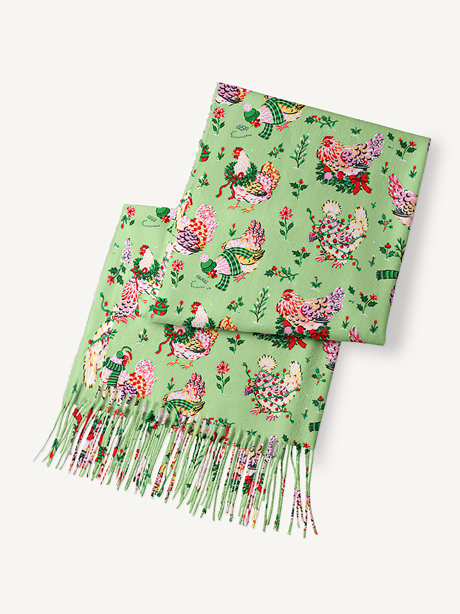 Christmas Chickens Holiday Garden Print Cozy Fringed Scarf